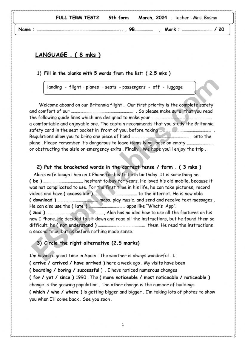 full term test 2 9th form  worksheet