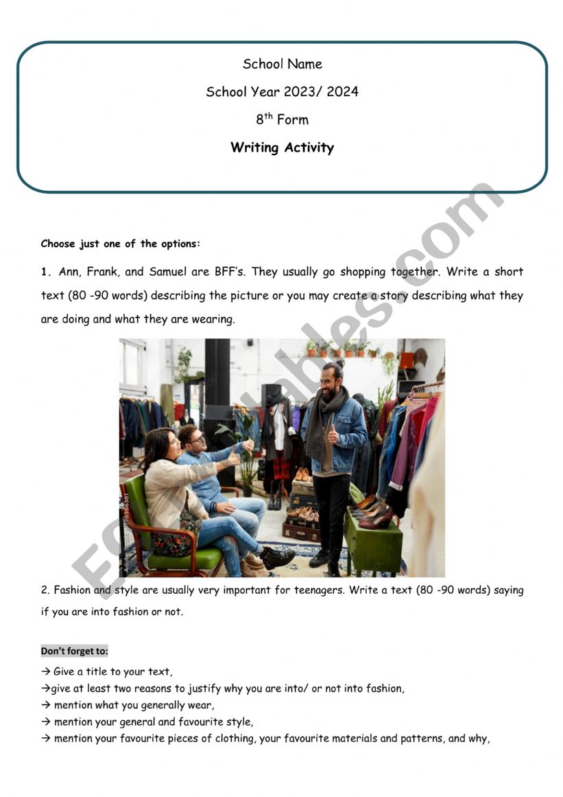 Clothes and fashion - Writing activity