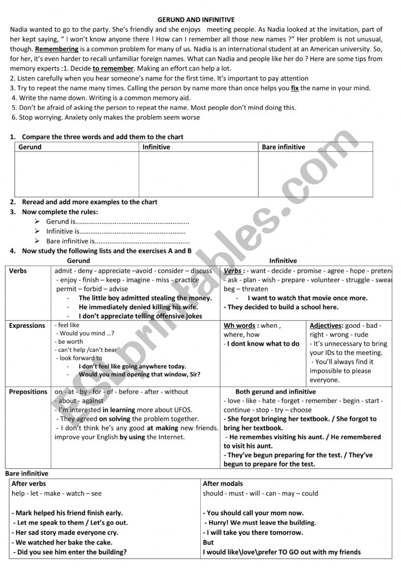 GERUND AND INFINITIVE worksheet