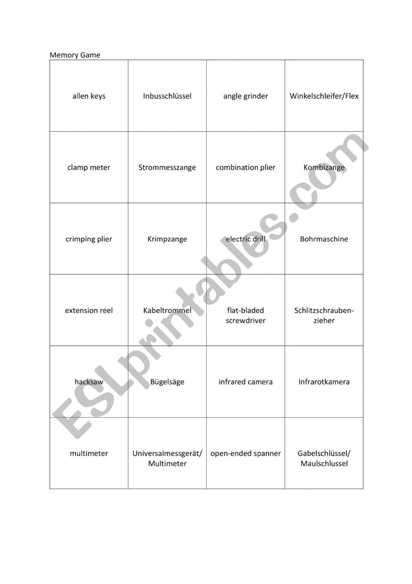 Memory Game Tools Electrician worksheet