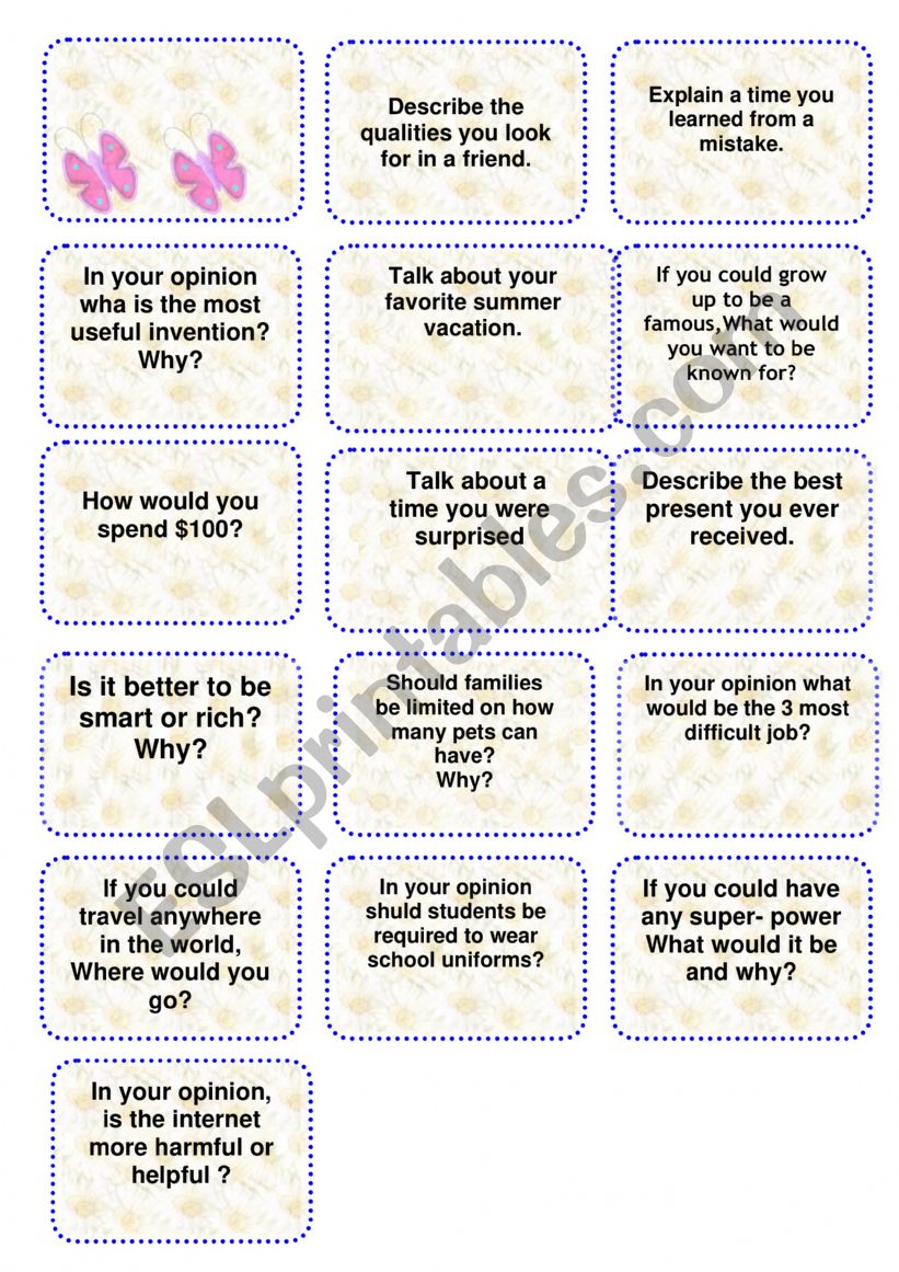Speaking cards worksheet