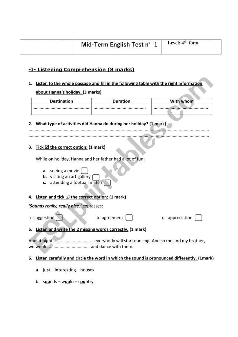 Mid-Term Test 4th Form worksheet