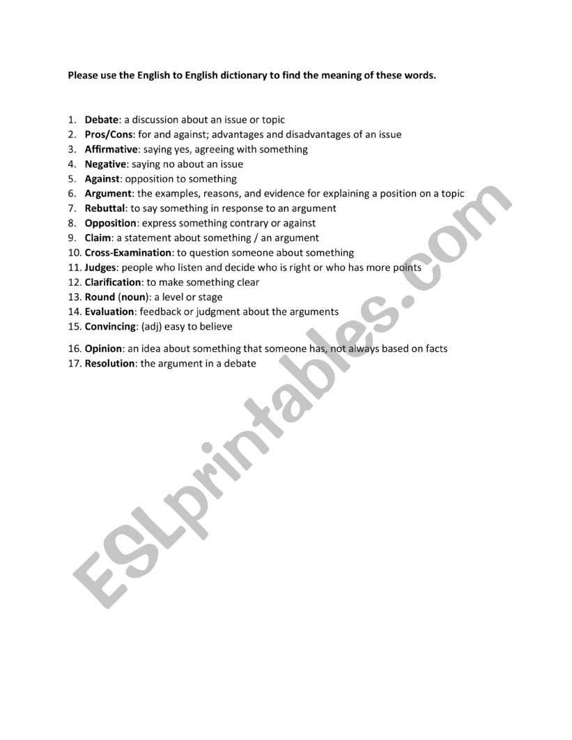 Debate Vocabulary Matching and Answers