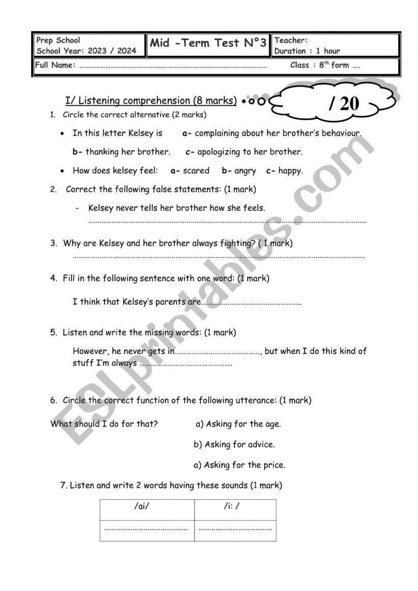 Mid-Term test 3 8th Form worksheet