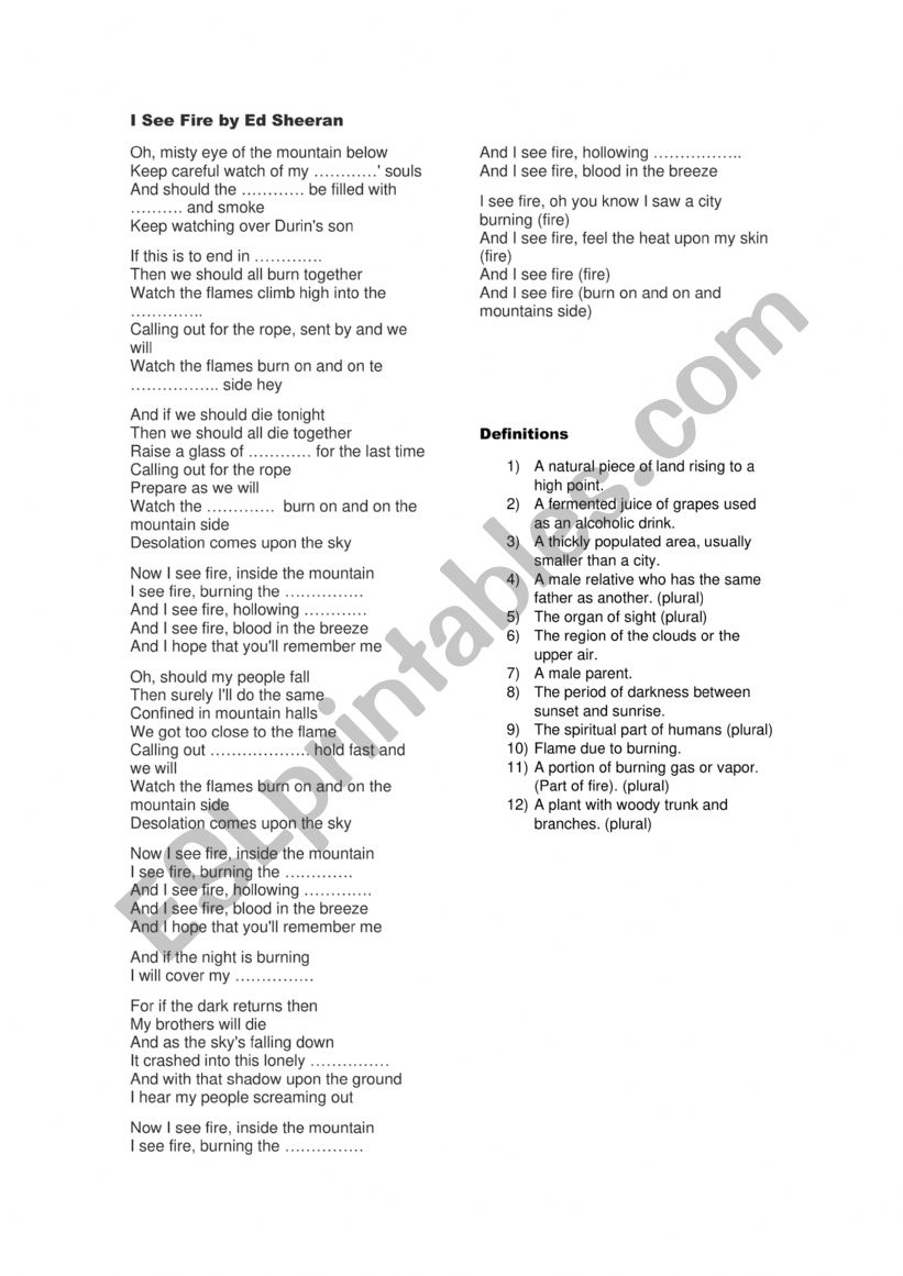 I see fire ed sheeran  worksheet