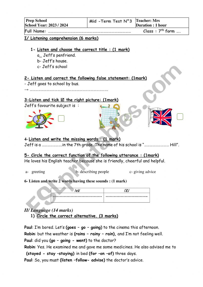 Mid-Term Test 3 7th form worksheet