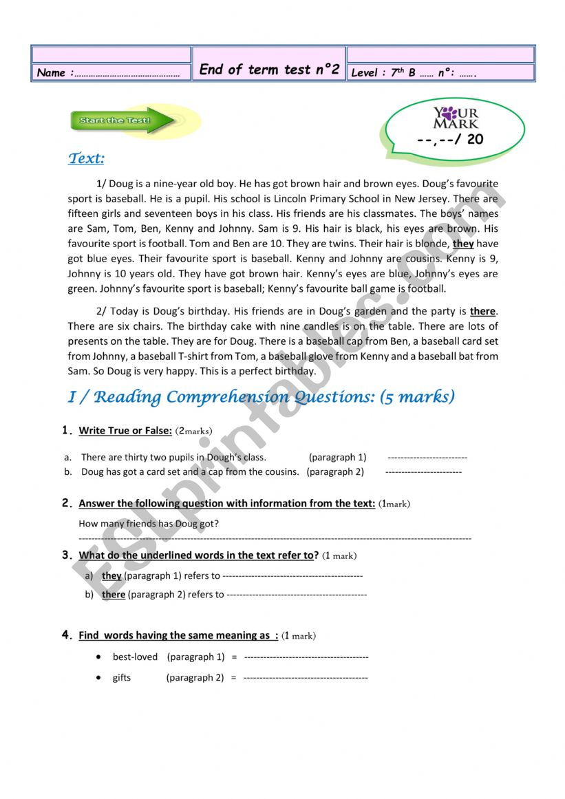 End of term test 2 7th form worksheet