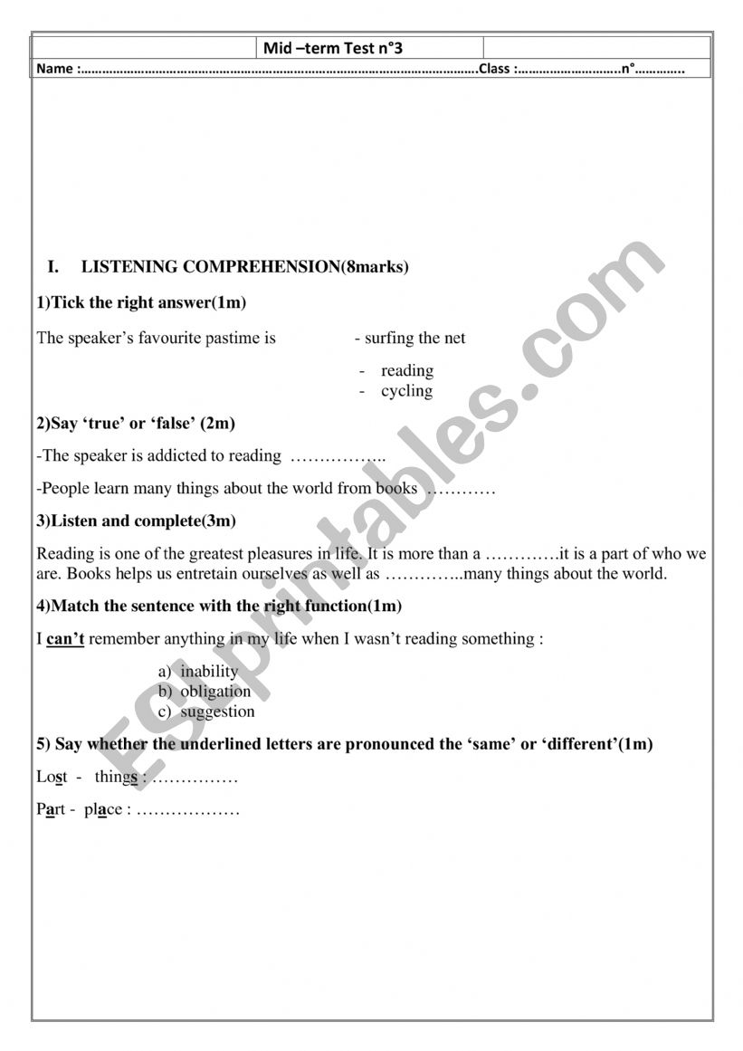 mid term test 3  9 th form worksheet