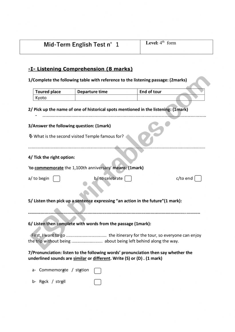 Mid-Term Test 4th Form worksheet