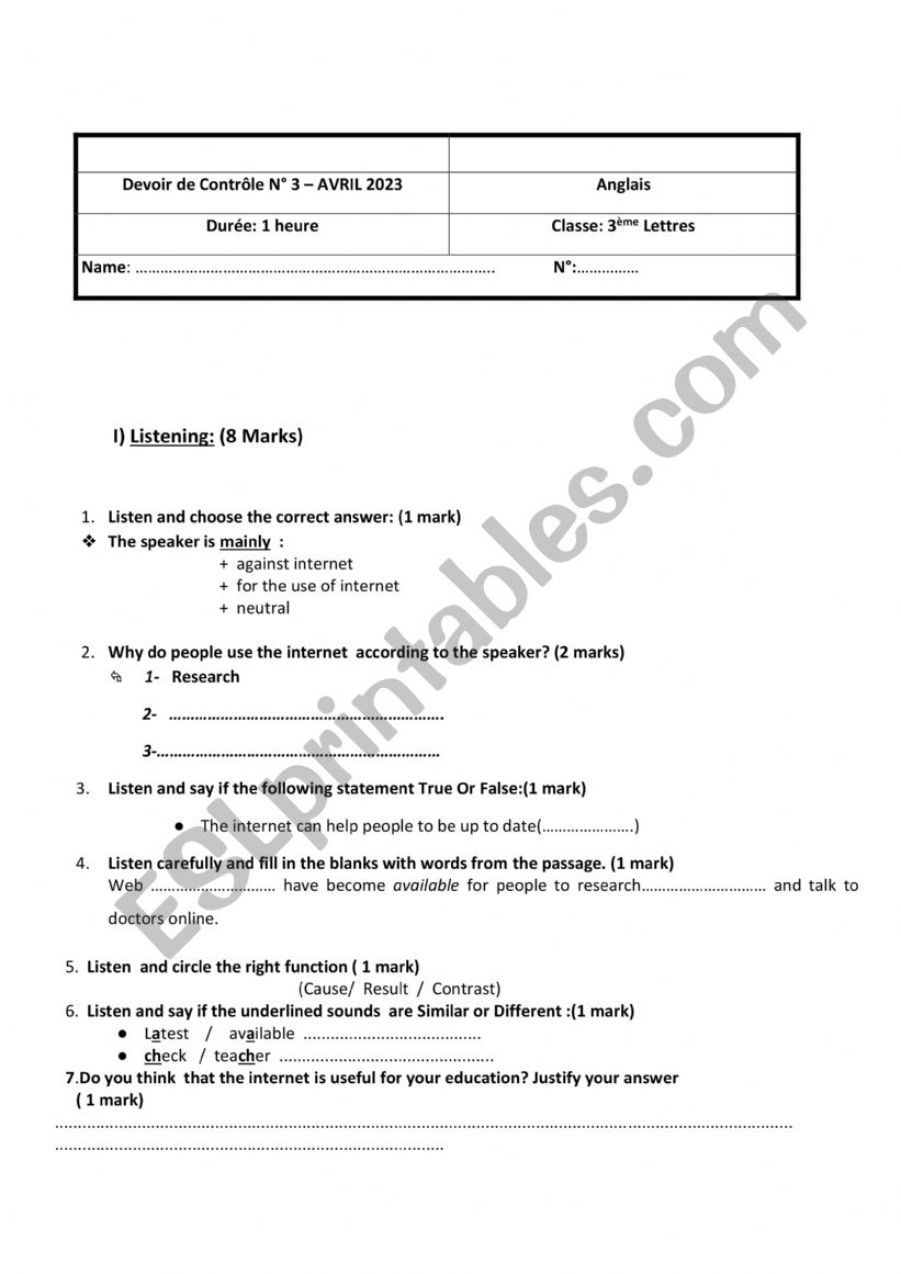 third year mid term test n 3 worksheet