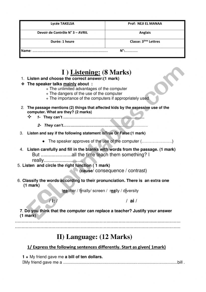 Third year mid term test N3  worksheet