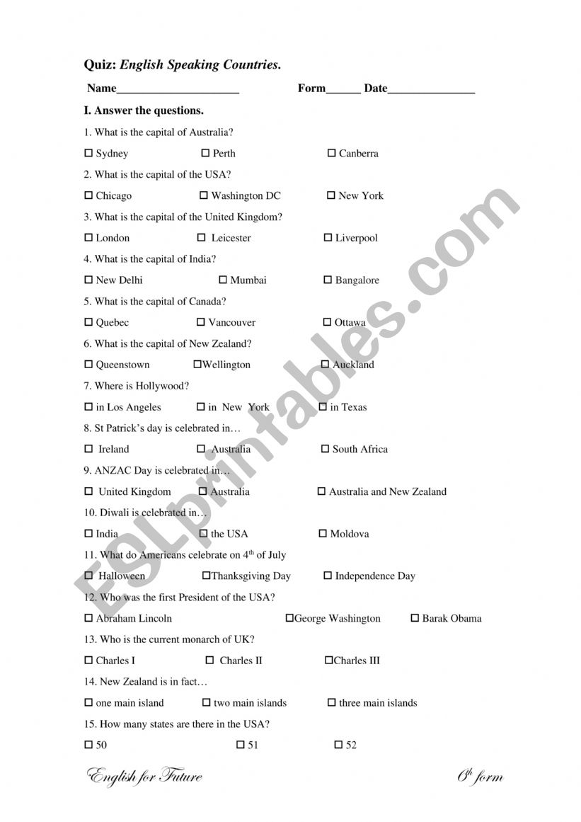 English speaking countries worksheet