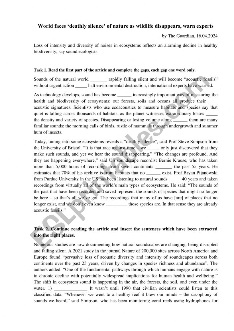 World faces deathly silence of nature as wildlife disappears - FCE worksheet - Use of English