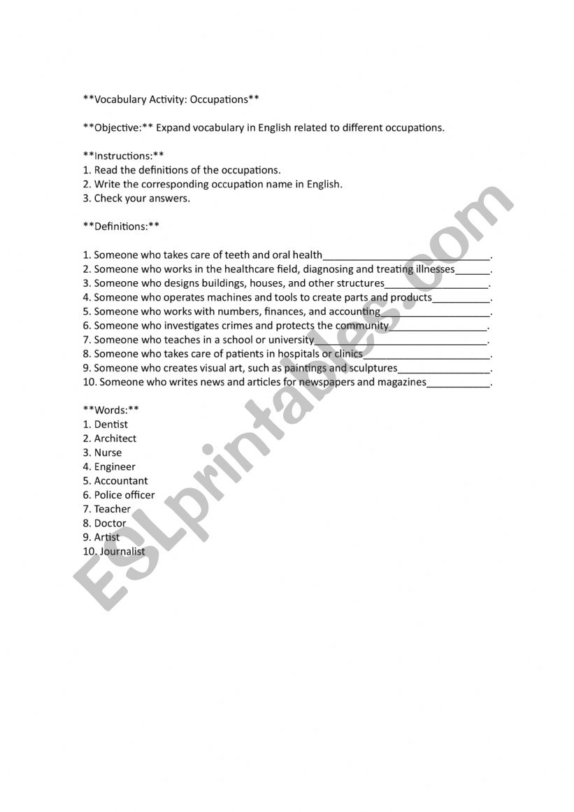 OCCUPATIONS ACTIVITY worksheet