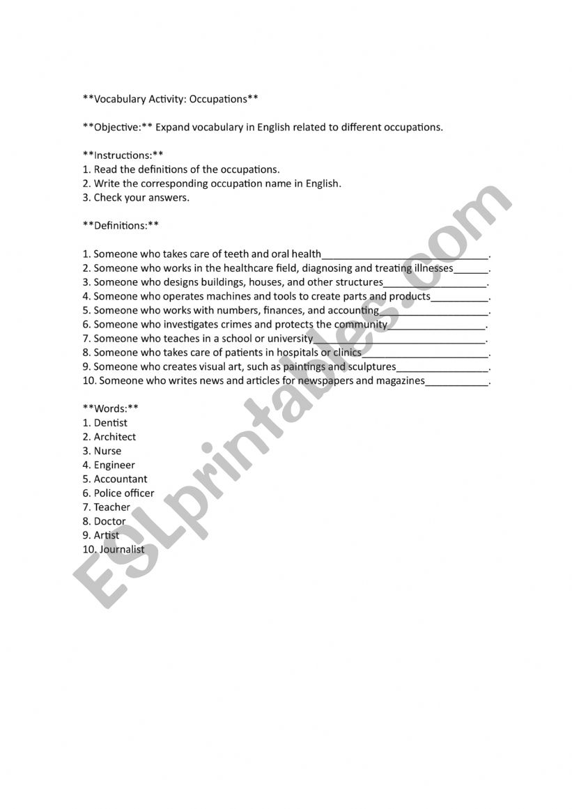 OCCUPATIONS ACTIVITY worksheet