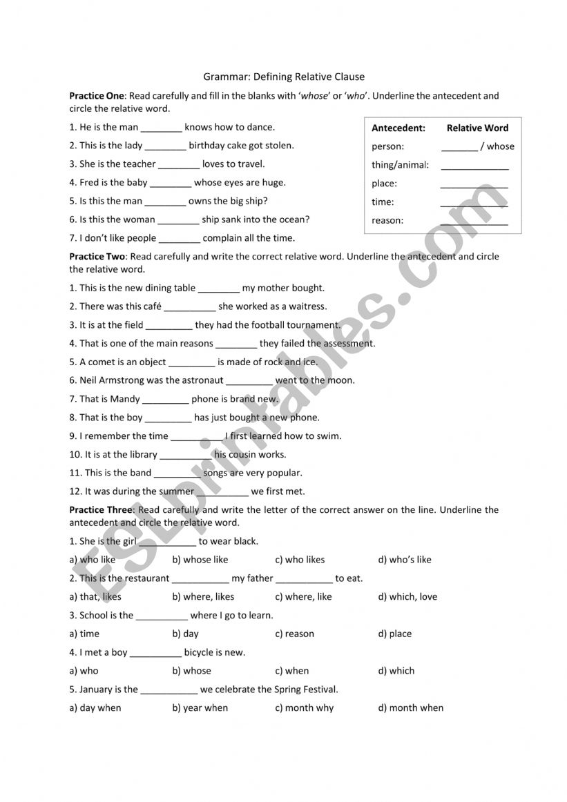 Relative Pronouns worksheet