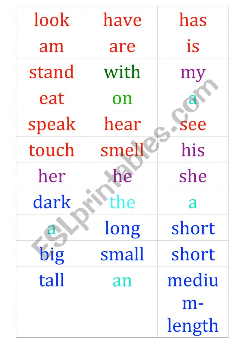 Parts of the body, vocabulary cards 