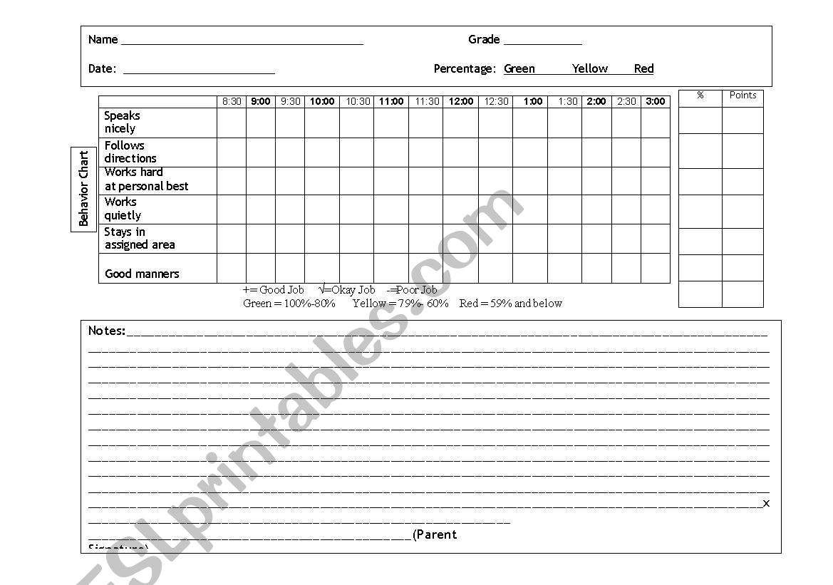 Daily Behavior Chart For Elementary Students