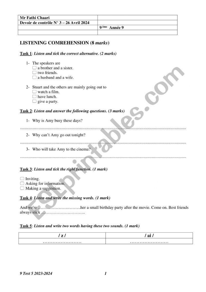 9 Test 5 2023-2024 9 B8 worksheet