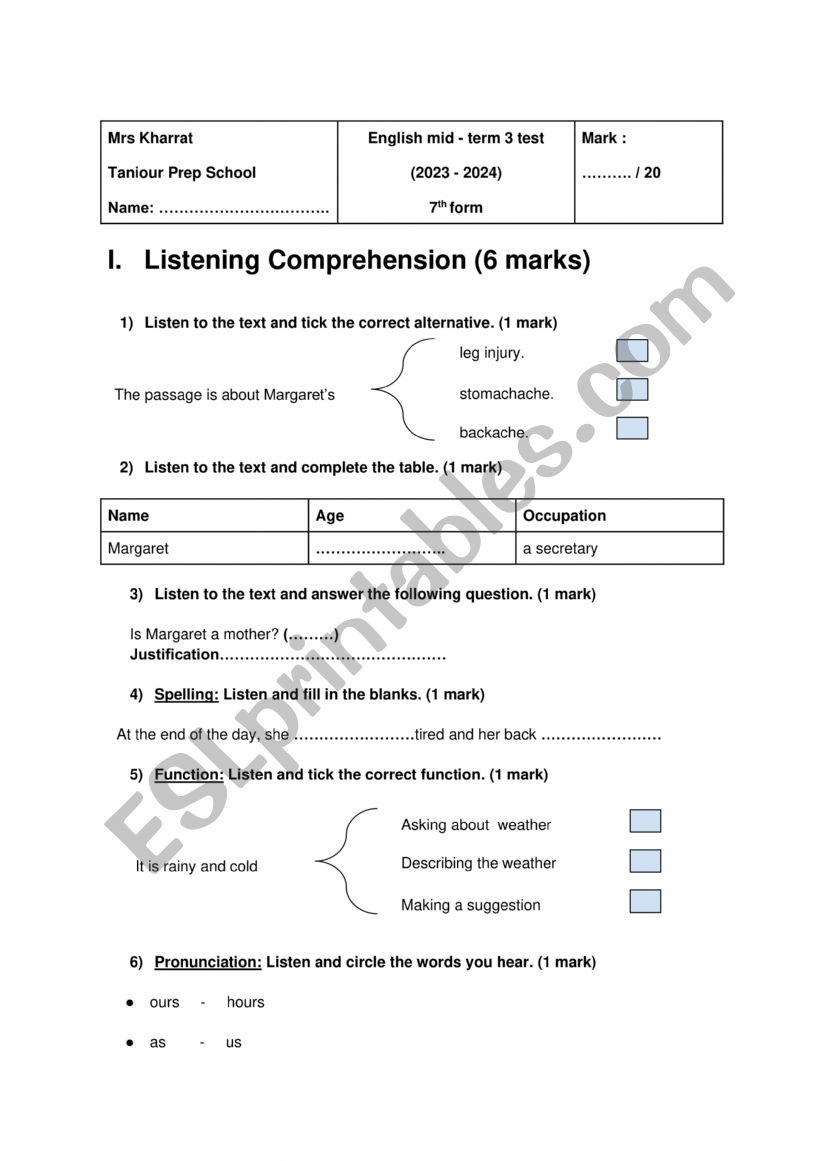 Mid- term 3 test 7th form Tunisian program