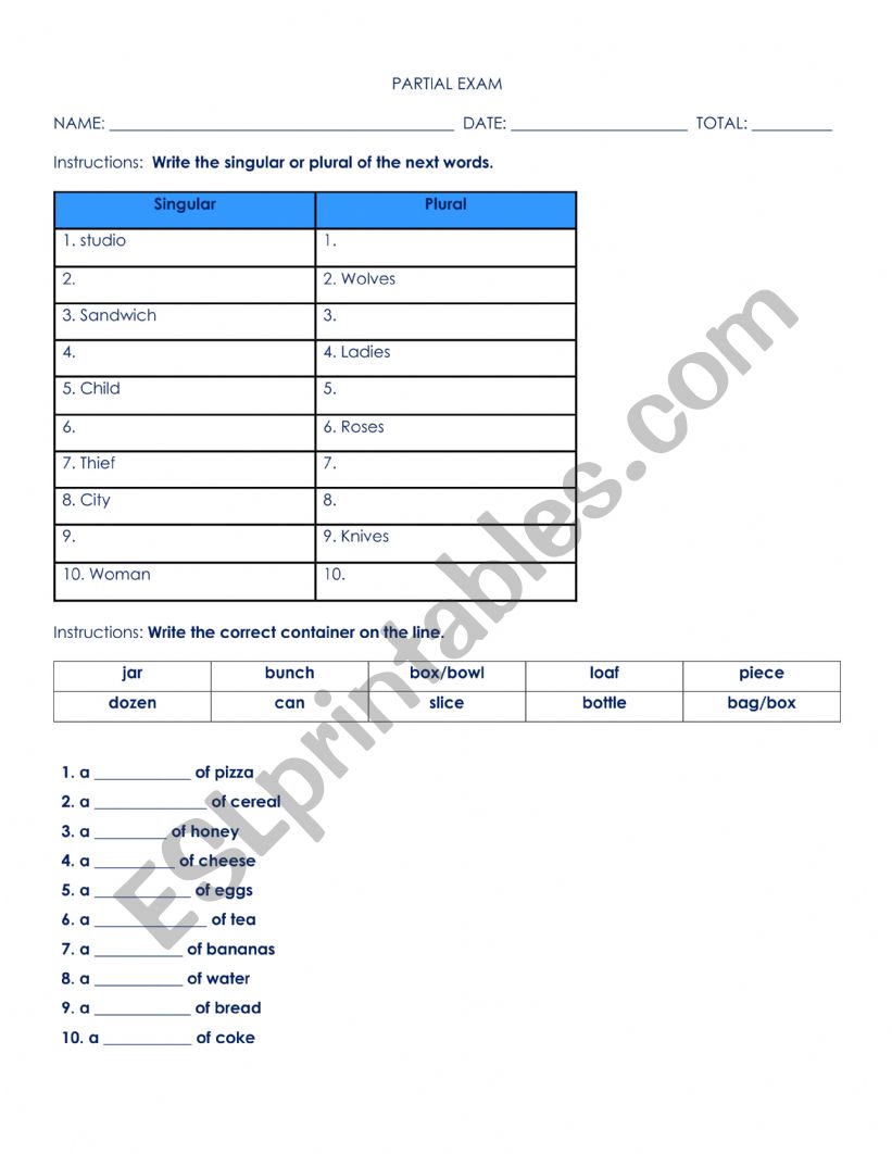 Partial Test worksheet