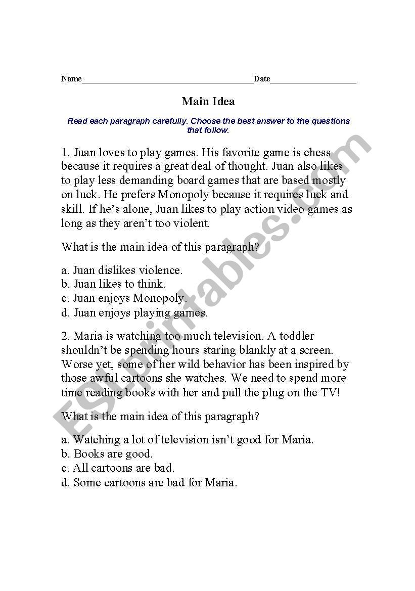 Main Ideas worksheet