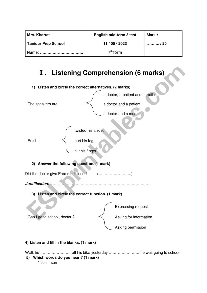 7th form mid-term3 test worksheet