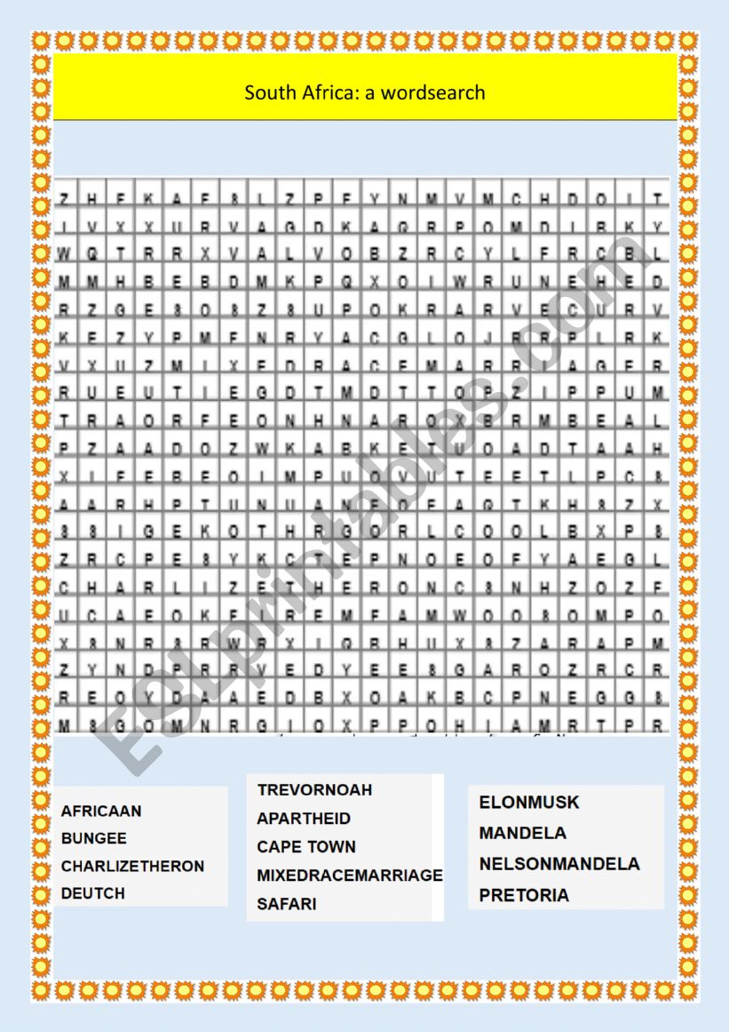 South Africa Wordsearch worksheet