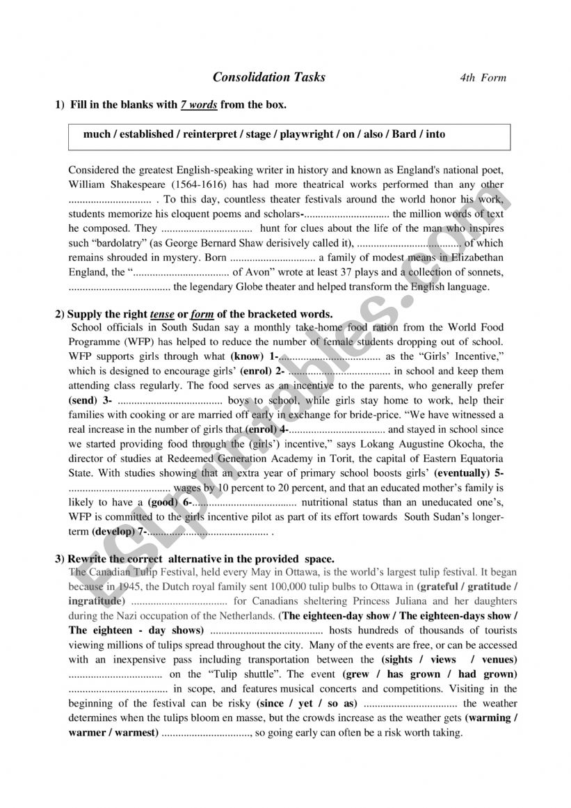 Consolidation tasks worksheet