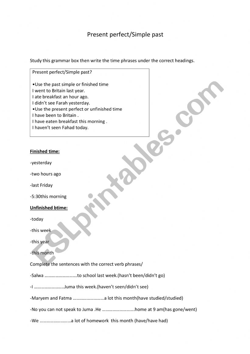 present perfect/simple past worksheet