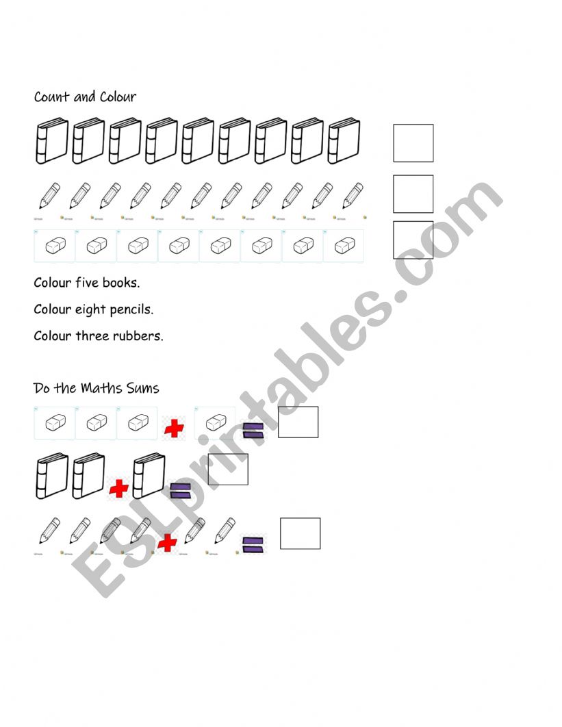 Classroom objects. Count and colour