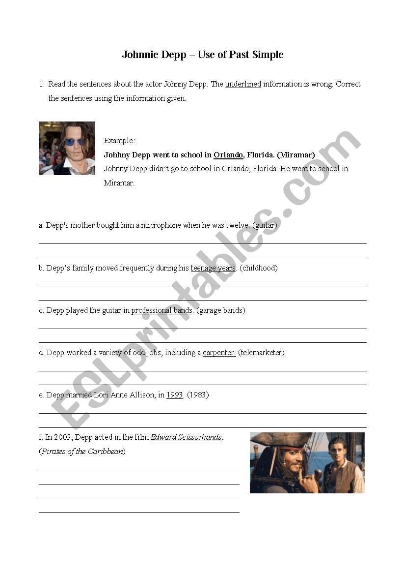 Johnnie Depp - Past Simple worksheet