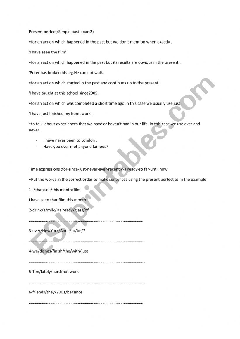 present perfect use worksheet