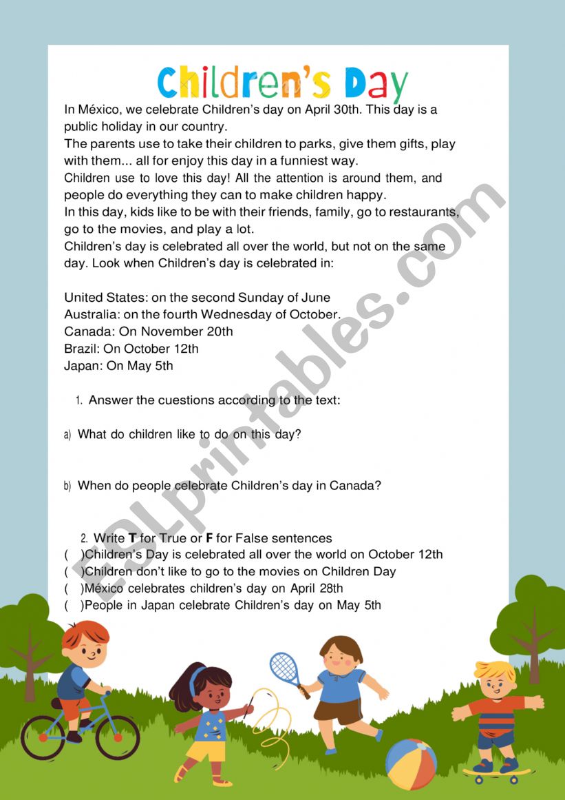 ChildrenÃ¯Â¿Â½s Day worksheet