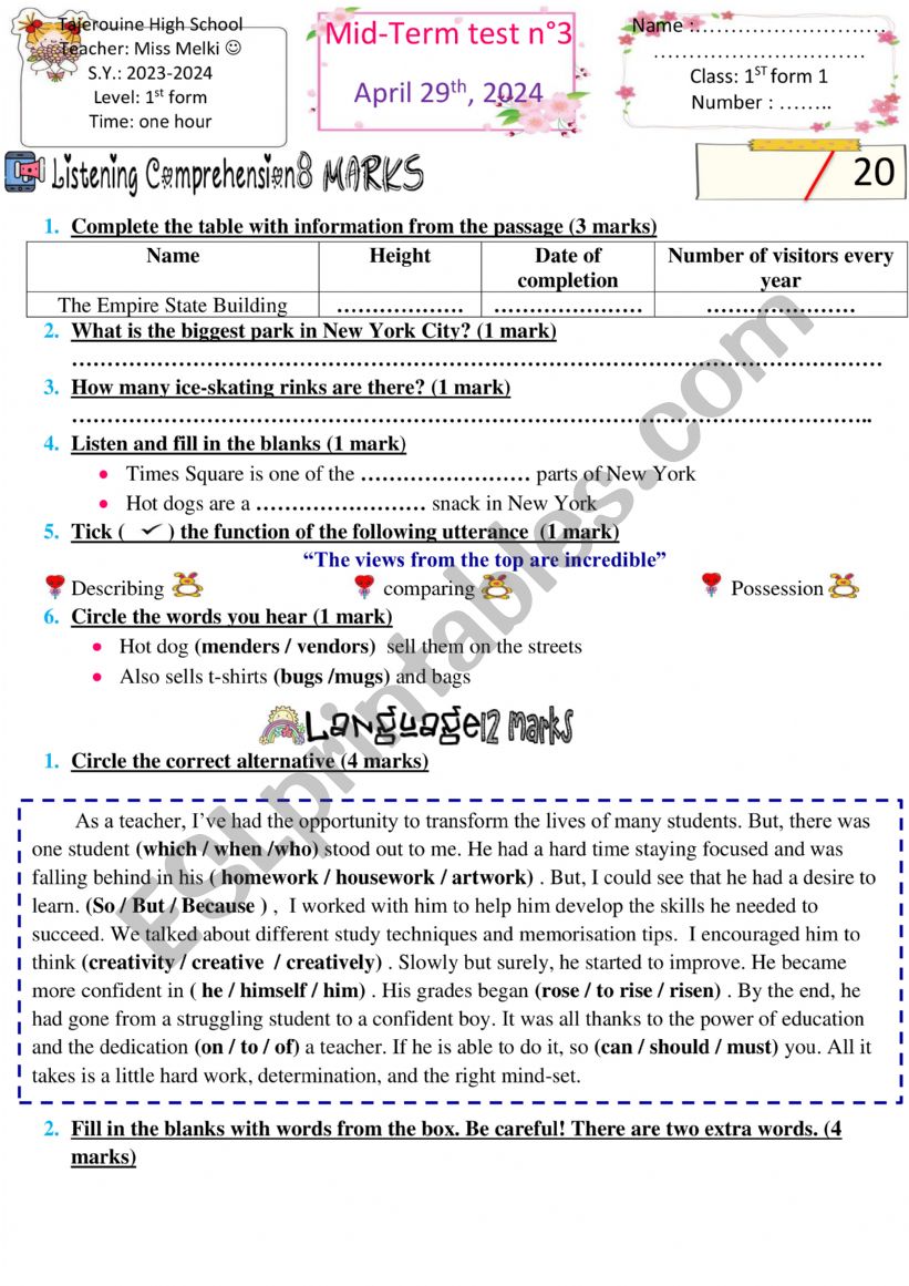 1st form mid term test 3 worksheet