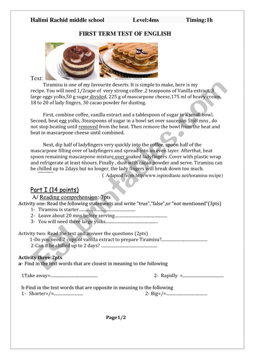 4MS test Tiramisu  worksheet