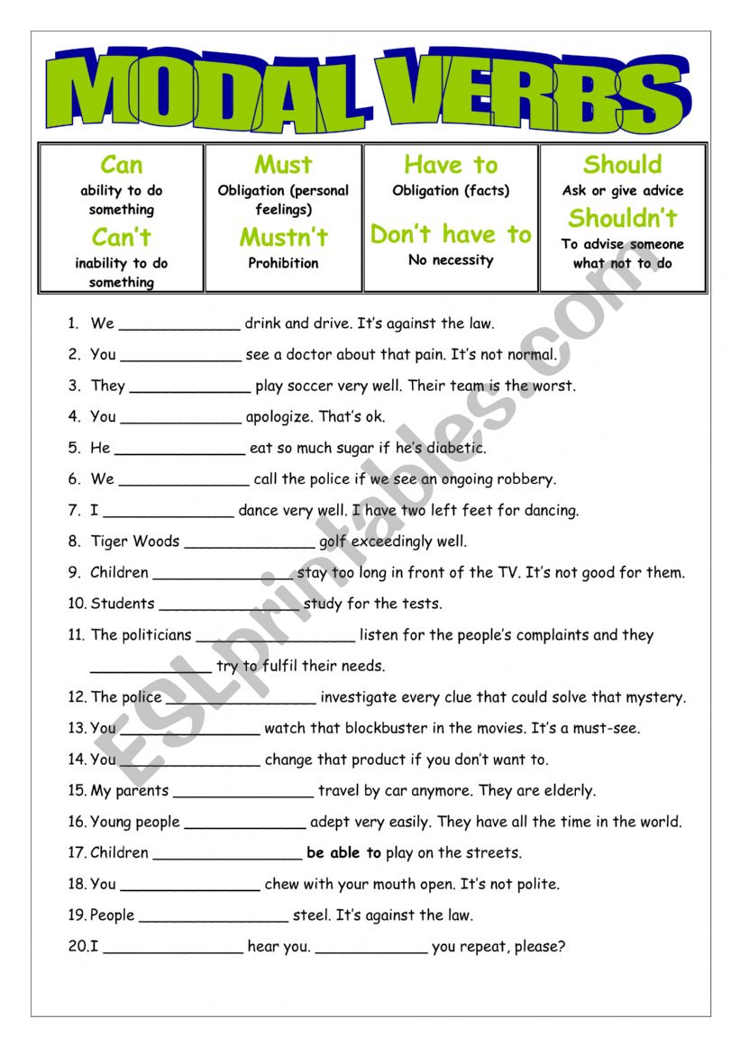 Modal Verbs worksheet