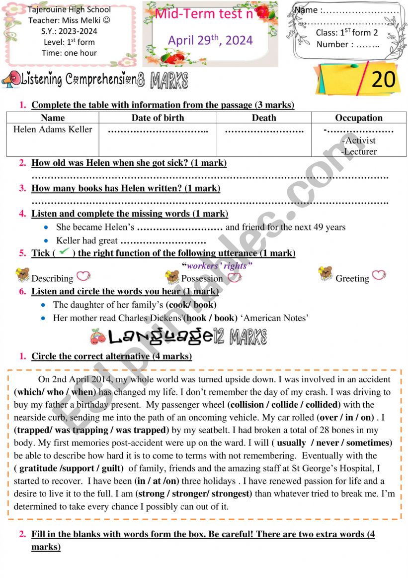 1st form Mid term 3 worksheet