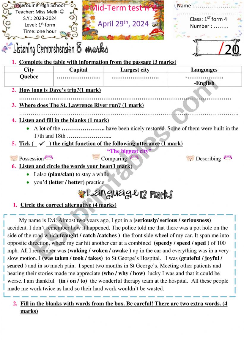 1st form mid term 3 worksheet