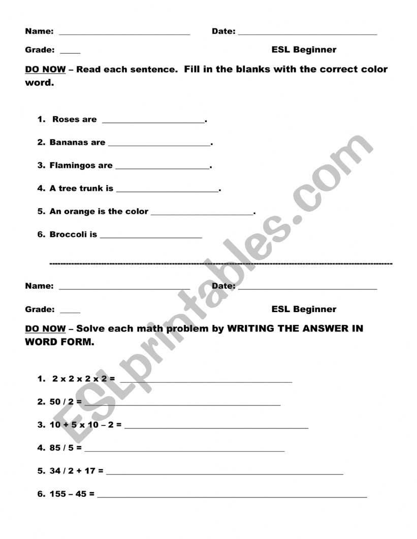 ESL Beginner - Do Nows worksheet