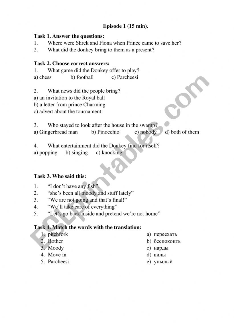 Shrek worksheet worksheet