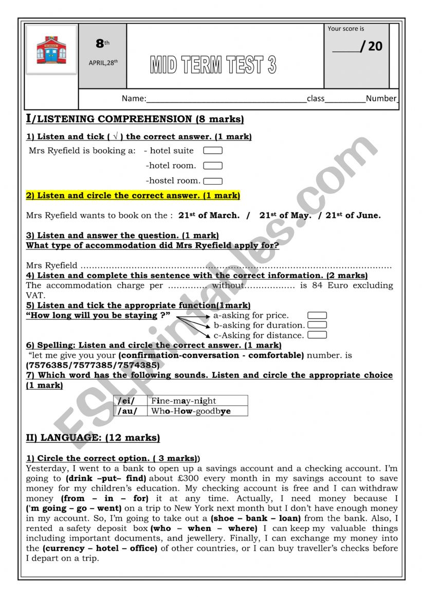 mid term test n3 FOR 8TH  worksheet