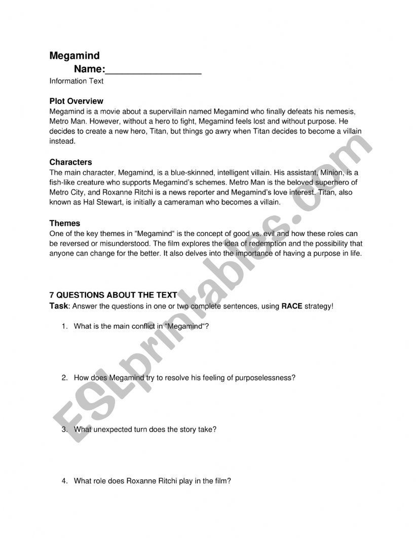 Megamind Movie Worksheet  worksheet