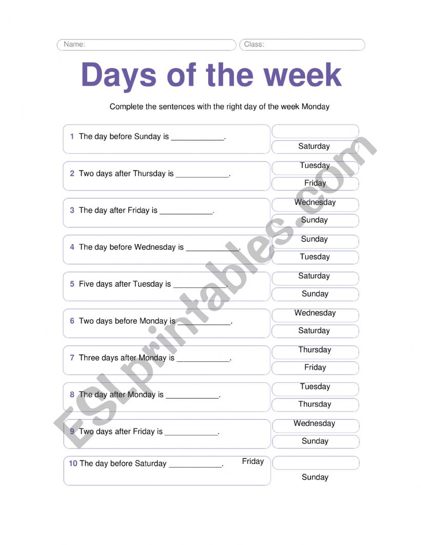 Days of the week worksheet