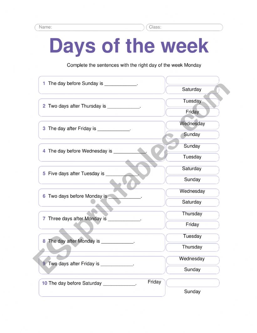 Days of the week worksheet