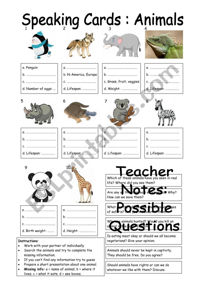 Animals speaking cards worksheet