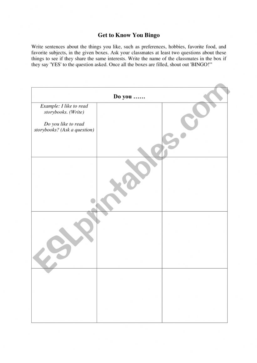 Bingo worksheet