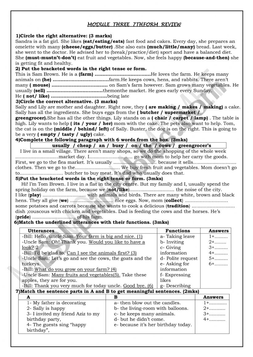 REVIEW 7TH FORM MODULE 3 worksheet