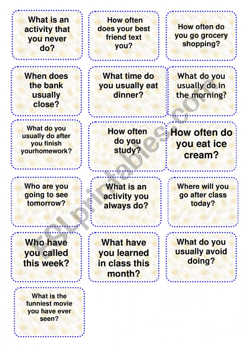 Speaking cards for students worksheet