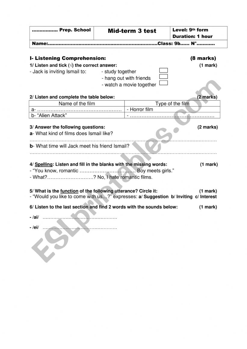 Mid term 3 test 9th grade worksheet